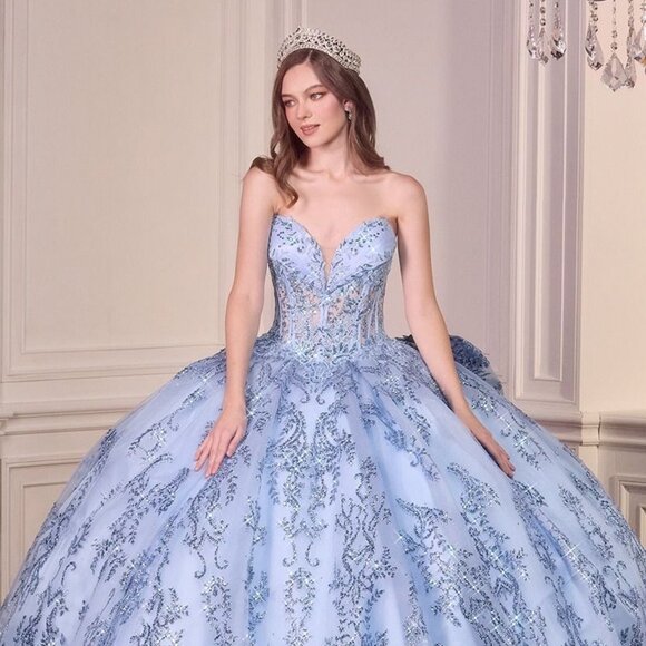 New Blue Strapless Layered Quinceanera Tulle Gown w/ Sequins Embroidery CD 15732 - Picture 4 of 11